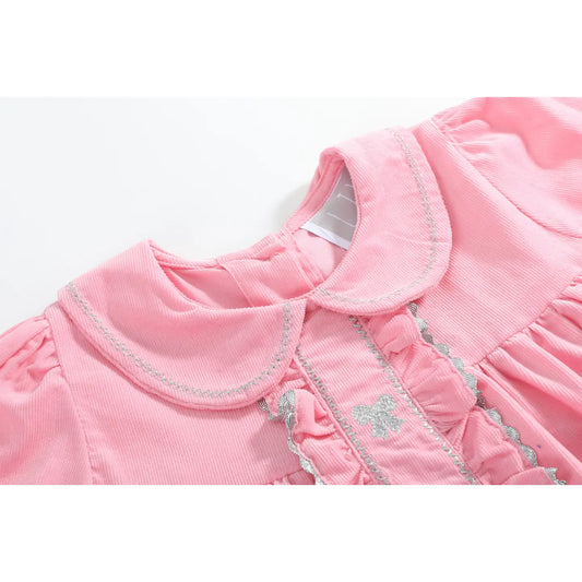 Pink Corduroy Ruffle Dress with Silver Bows