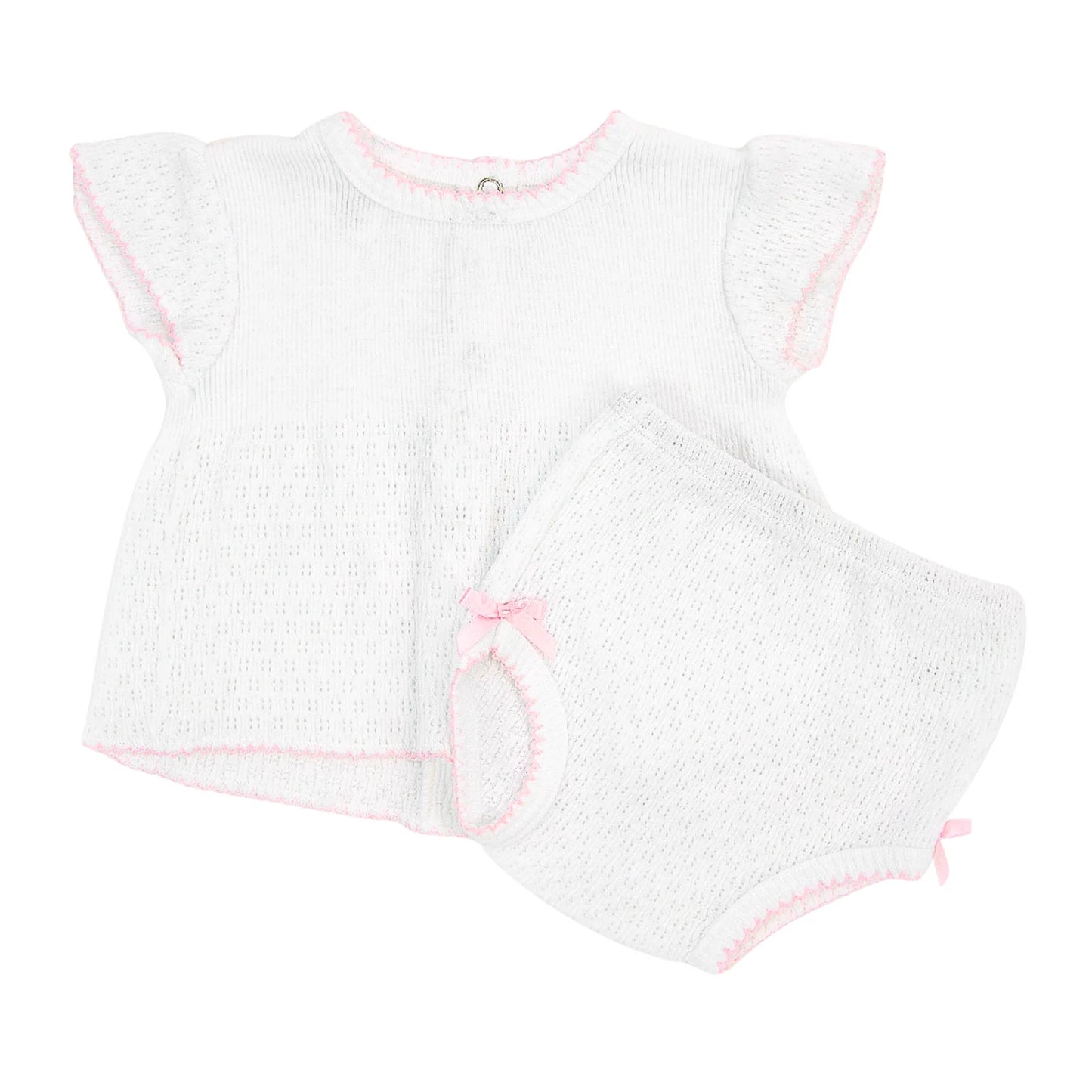 Paty Knit, Flutter Sleeve Diaper Set with Bows #131 (Pink Trim)