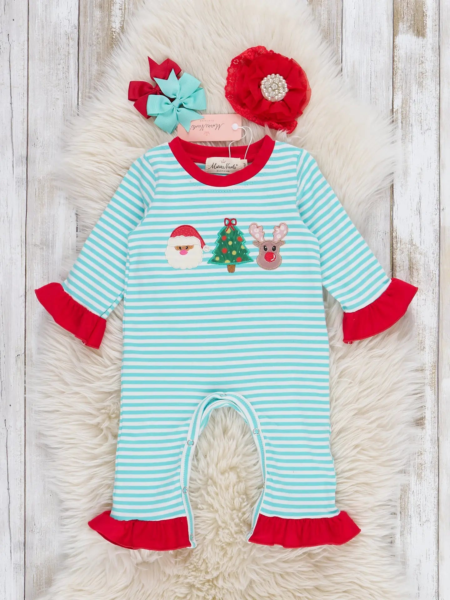 Christmas Cheer Striped Embroidered Ruffle Romper