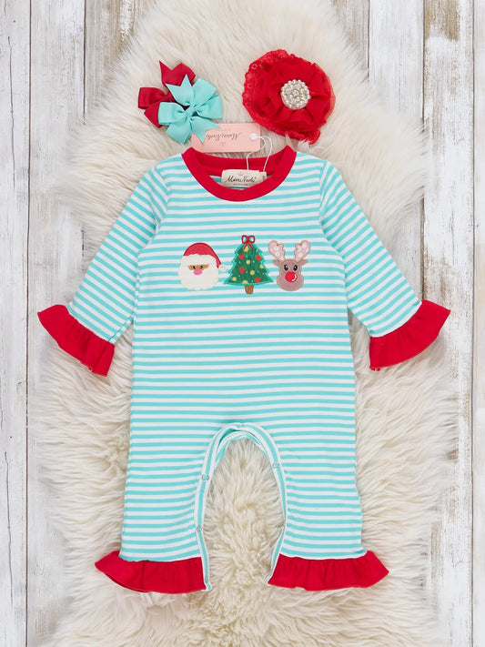 Christmas Cheer Striped Embroidered Ruffle Romper