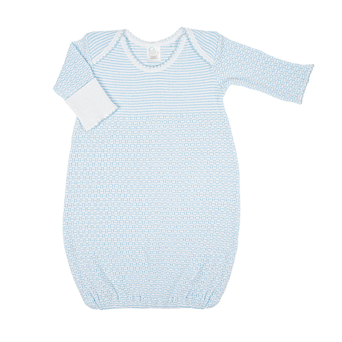 Paty Knit Solid Color Overlap Shoulder Gown, No Bow (Blue with Blue Trim)