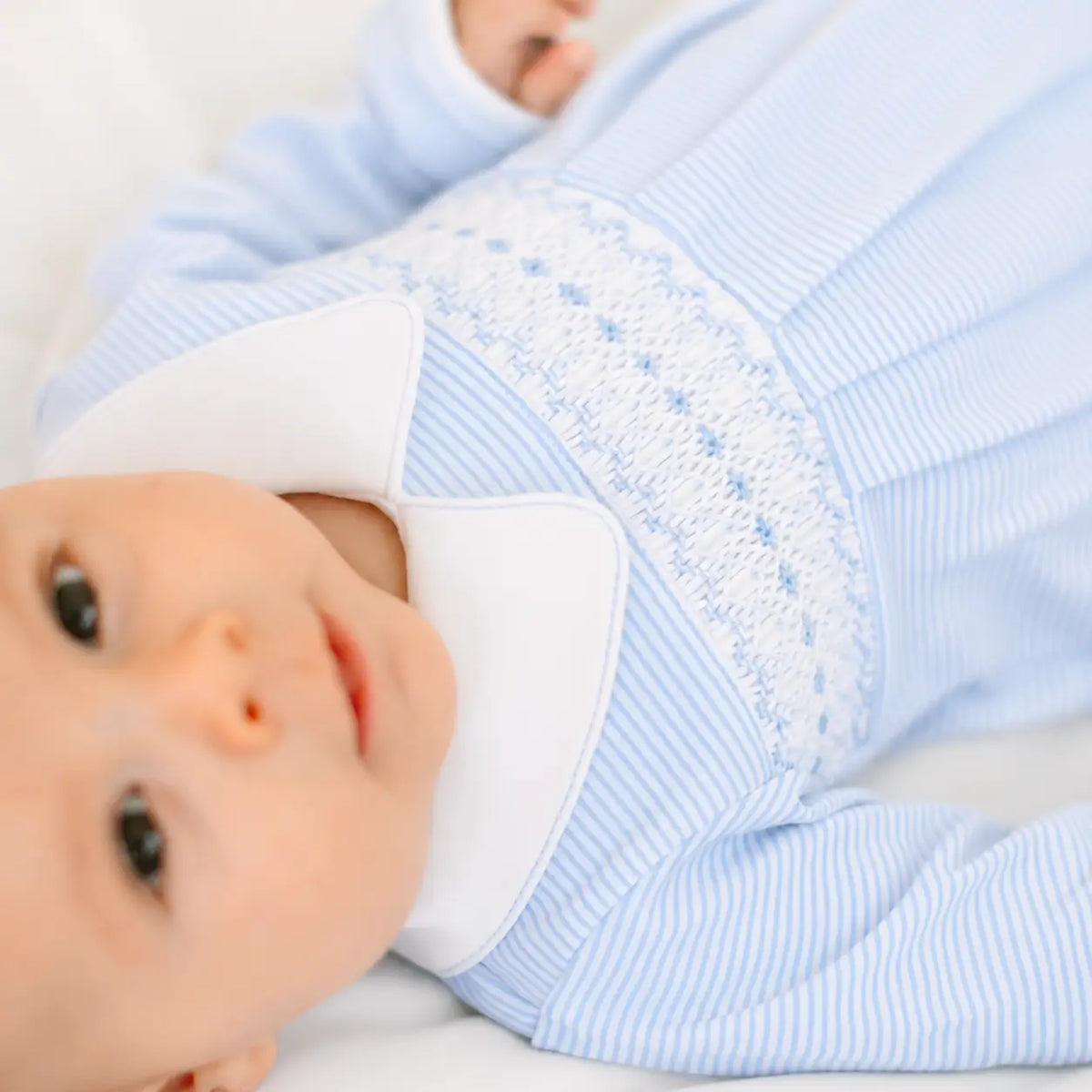 Benjamin Smocked Long Sleeve Bubble - Light Blue