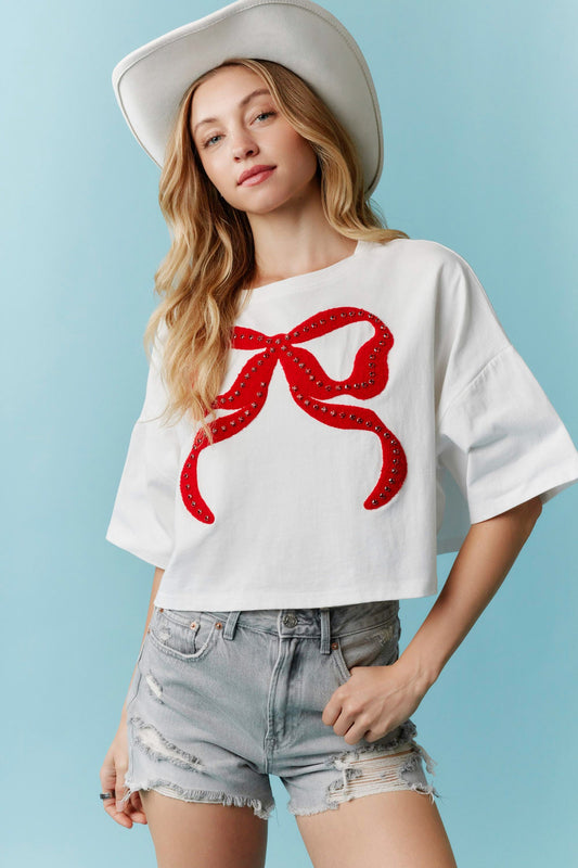 Rhinestone Studded Bow Tee