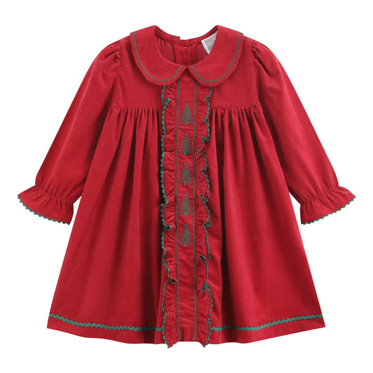 Red Corduroy Ruffle Dress with Christmas Trees