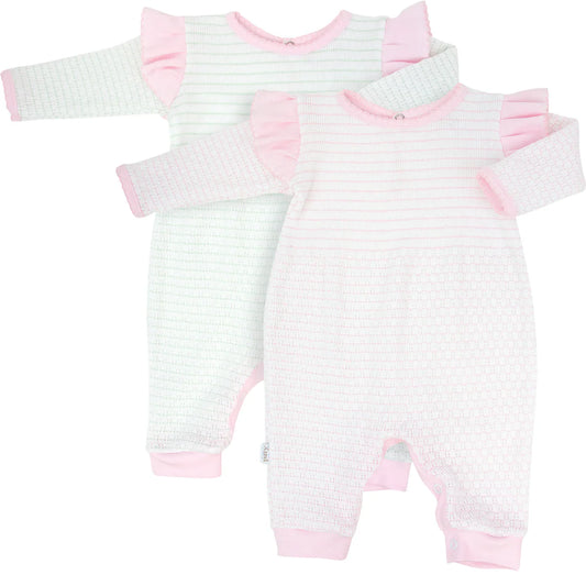Short Sleeve Pinstripe Romper with Ruffle Shoulder Trim (Mint with Pink Trim)