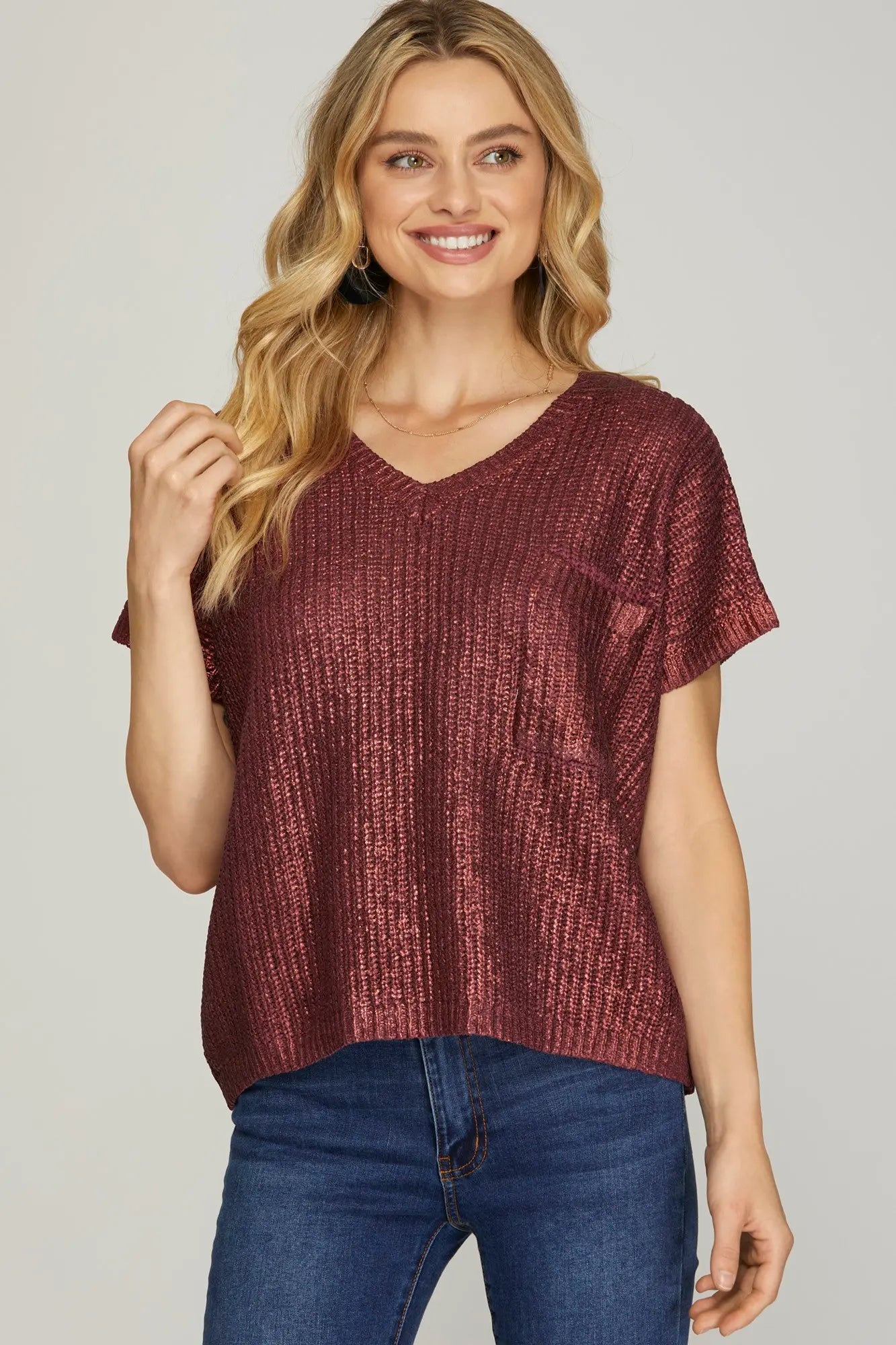 Picture Perfect Metallic Coated Sweater Top