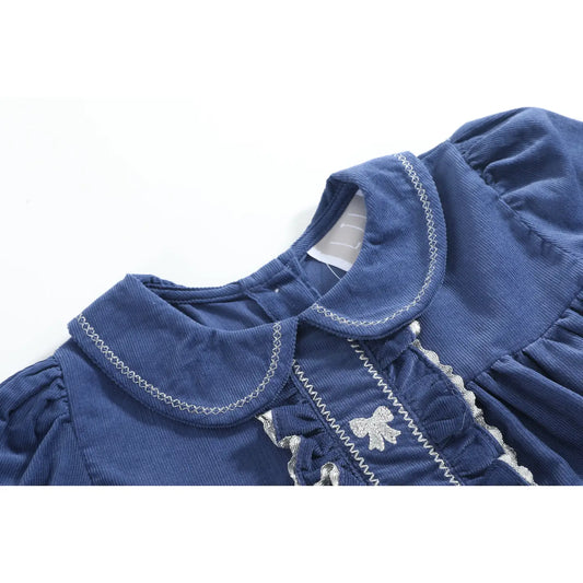 Navy Corduroy Ruffle Dress with Silver Bows