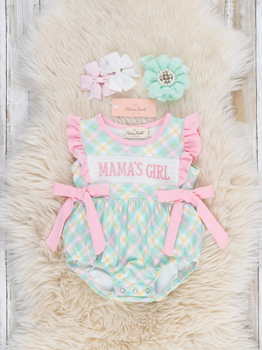 Mama’S Girl Pastel Plaid Smocked Ruffle Bubble Romper