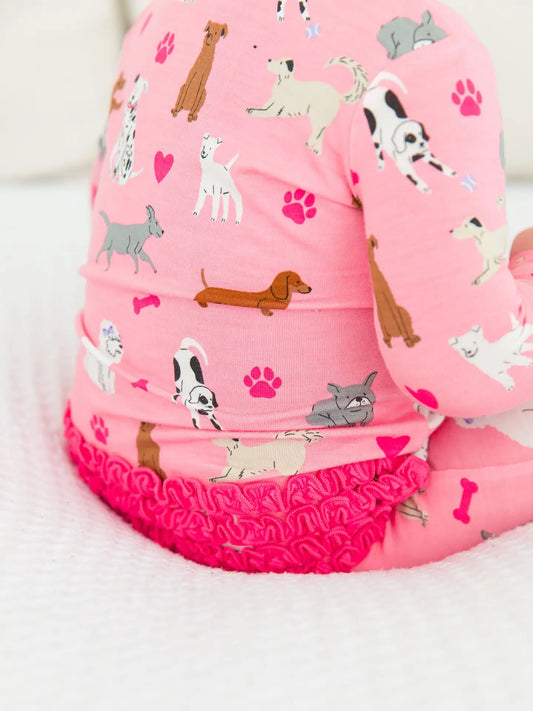 Softsnooze™ Baby Girls Bamboo Viscose Pink Puppy Playtime Footed Ruffle One Piece Pajama