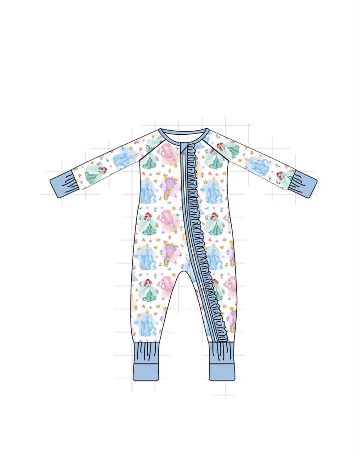 Blue princess ruffle bamboo romper