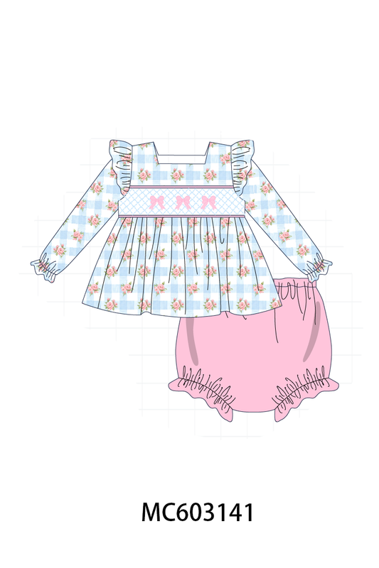 PO83 Blue bow smocked floral gingham collection