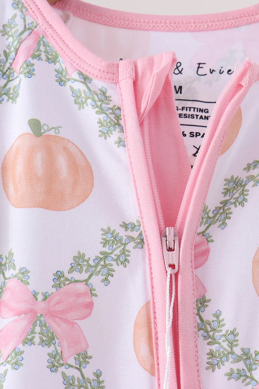 Pink Pumpkin Bow Bamboo Zipper Romper