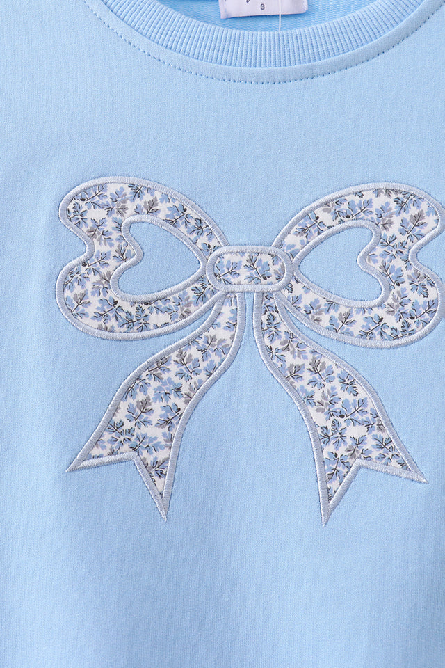 Blue Floral Bow Embroidery Top