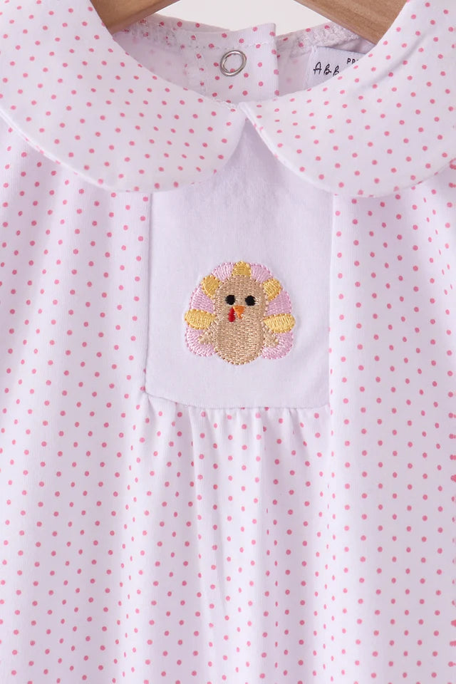 Pink dot turkey embroidery ruffle romper