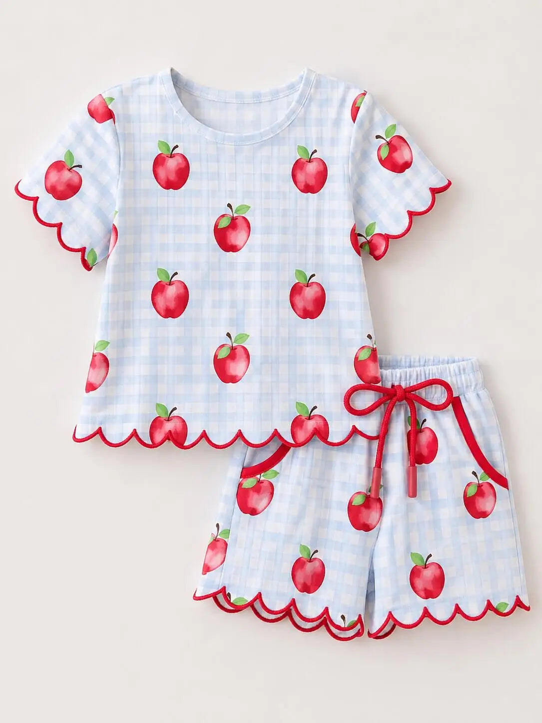 PREORDER Back To School Apple Plaid Girls Scallop Trim Shorts Set *sold as set