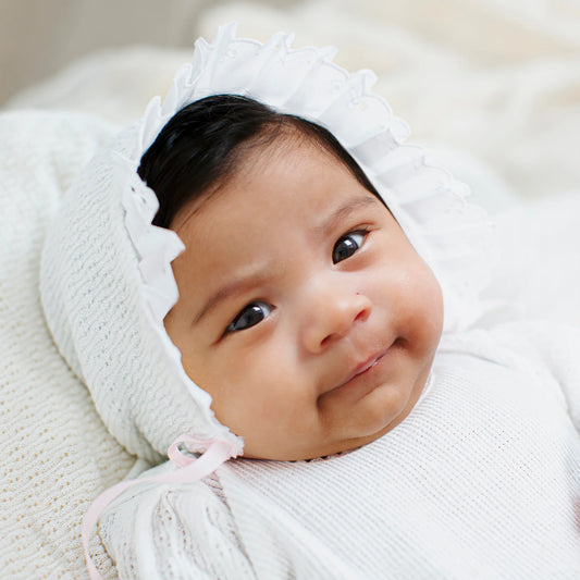 Paty Knit Bonnet with Eyelet Trim (Pink Trim)