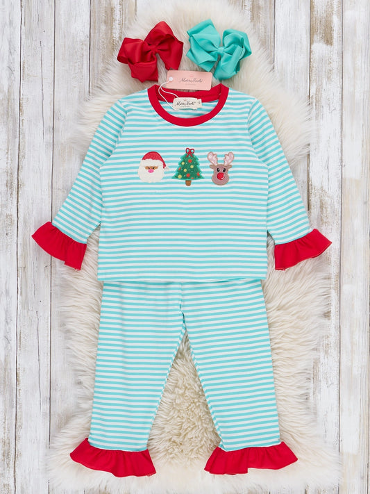 Christmas Cheer Striped Embroidered Ruffle Pajamas