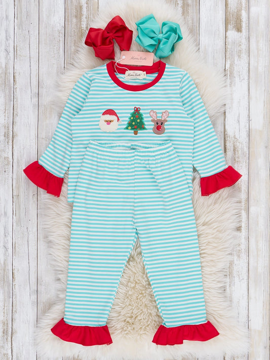 Christmas Cheer Striped Embroidered Ruffle Pajamas