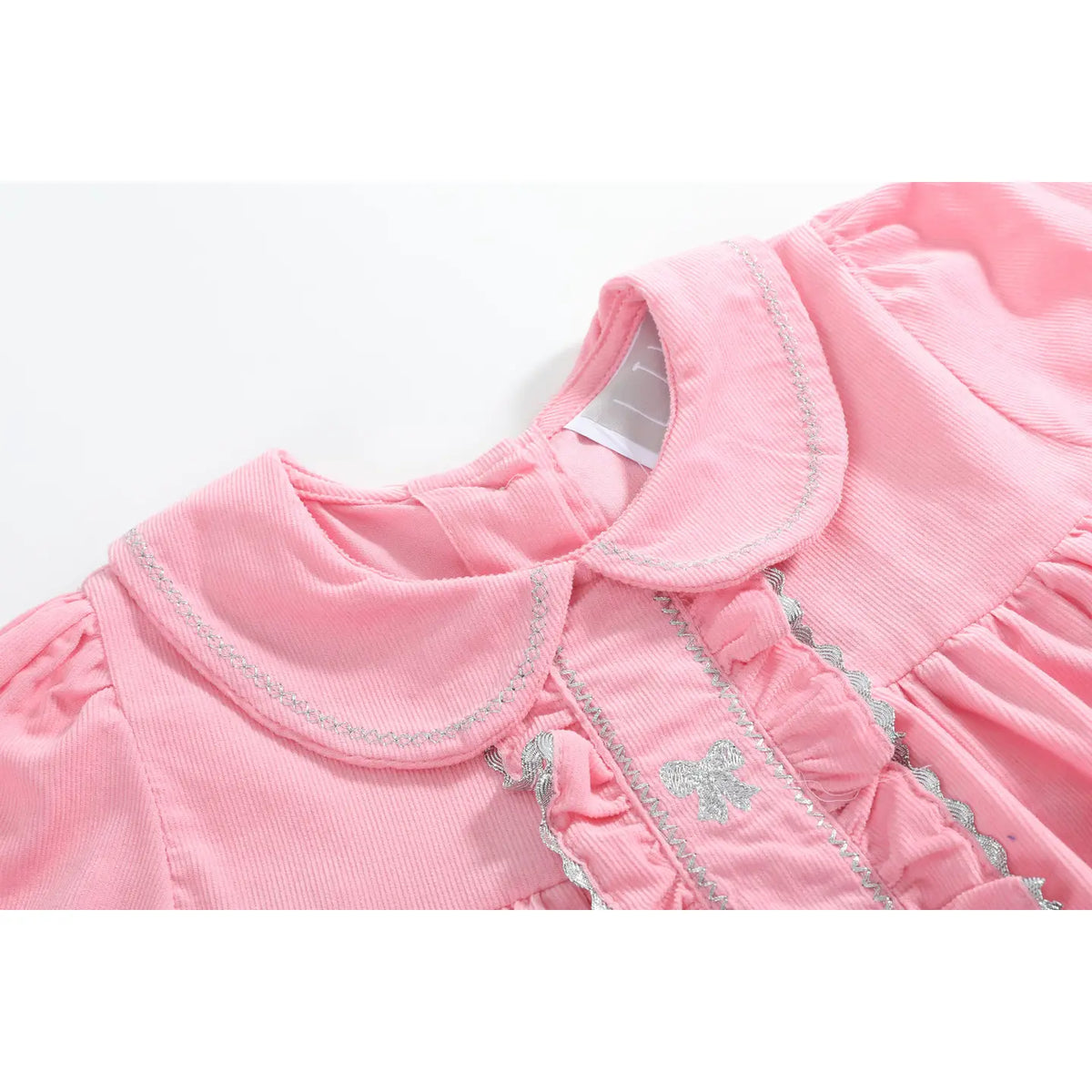 Pink Corduroy Ruffle Dress with Silver Bows