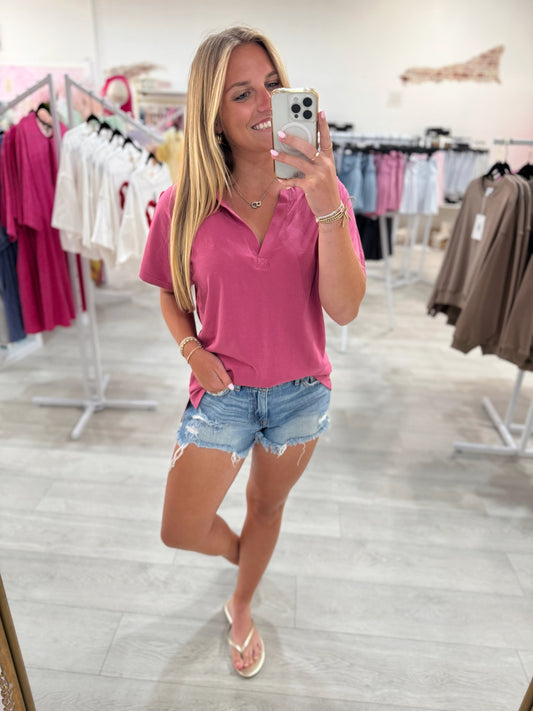 Pima Cotton Henley Tee (Magenta)