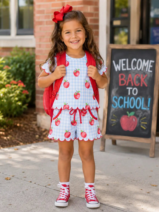 PREORDER Back To School Apple Plaid Girls Scallop Trim Shorts Set *sold as set
