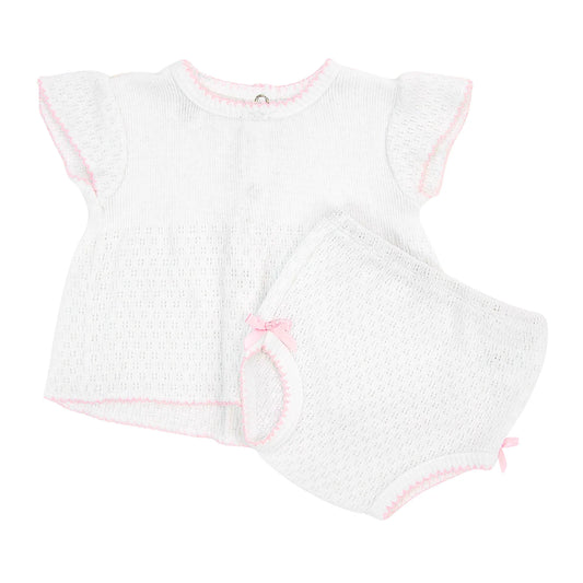 Paty Knit, Flutter Sleeve Diaper Set with Bows #131 (Pink Trim)