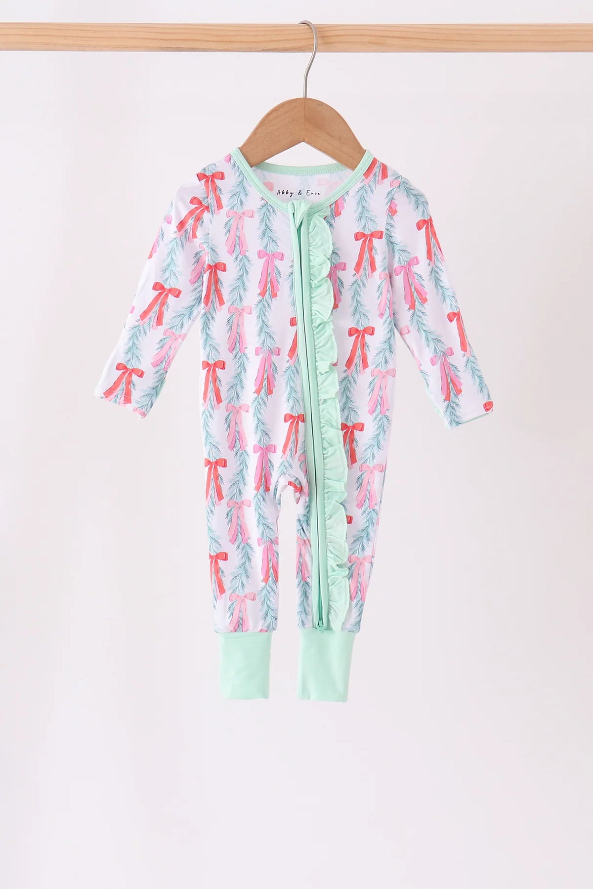 Green bow christmas tree bamboo zipper romper