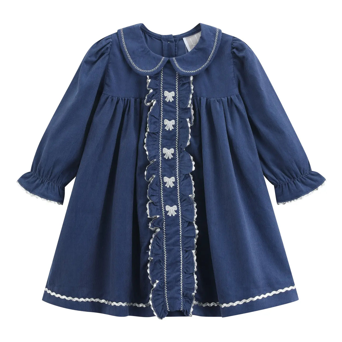 Navy Corduroy Ruffle Dress with Silver Bows