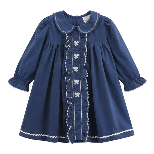 Navy Corduroy Ruffle Dress with Silver Bows