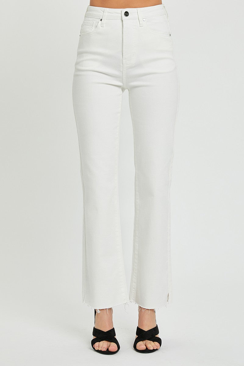 High Rise Raw Hem Straight Jeans with Side Slit (White)