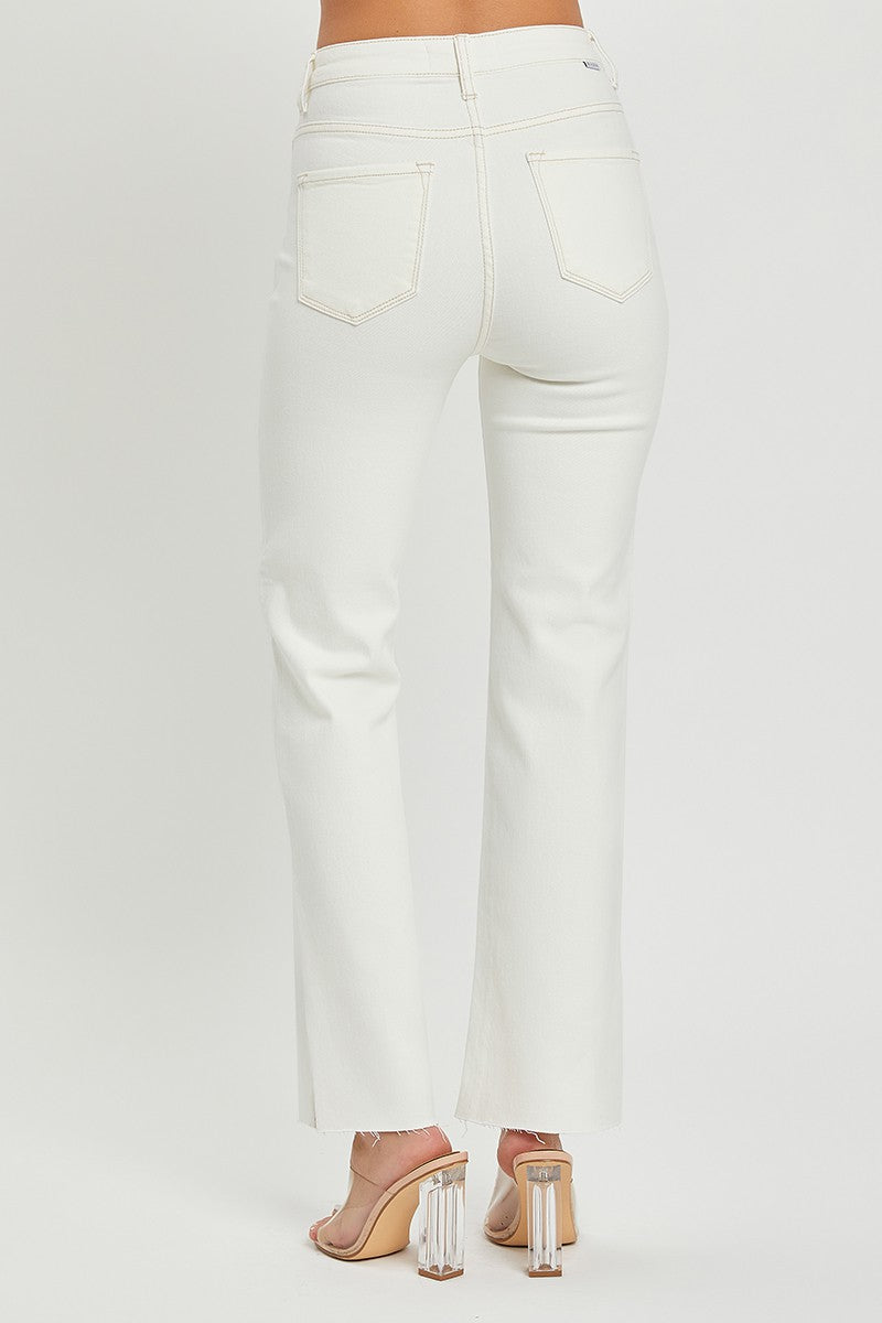 High Rise Raw Hem Straight Jeans with Side Slit (Cream)