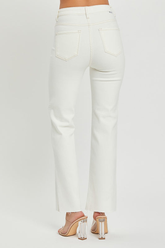 High Rise Raw Hem Straight Jeans with Side Slit (Cream)