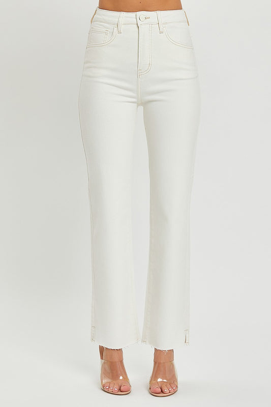 High Rise Raw Hem Straight Jeans with Side Slit (Cream)