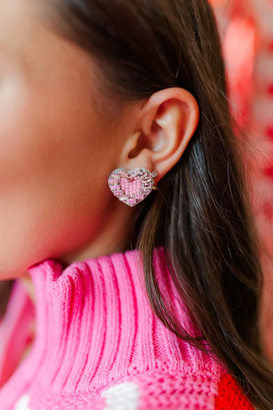 Beaded Heart Studs (Pink)