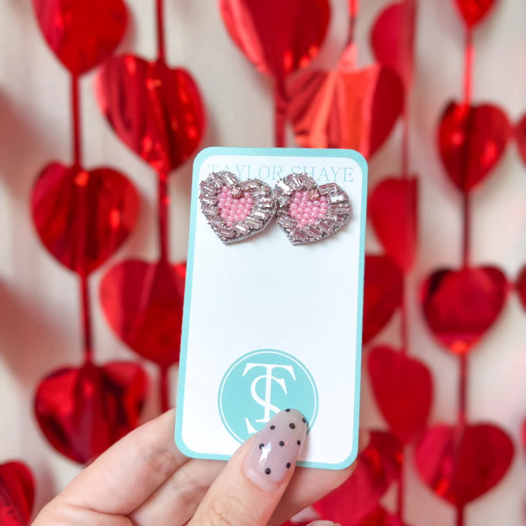 Beaded Heart Studs (Pink)