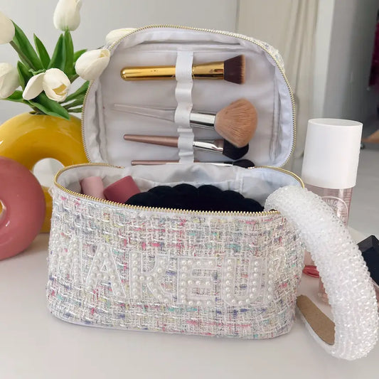 Makeup Bag (Open Top - White Tweed Large)