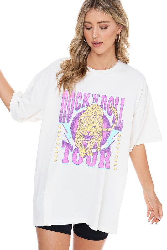 Rock N Roll Tour Leopard Vintage Graphic Tee (White)