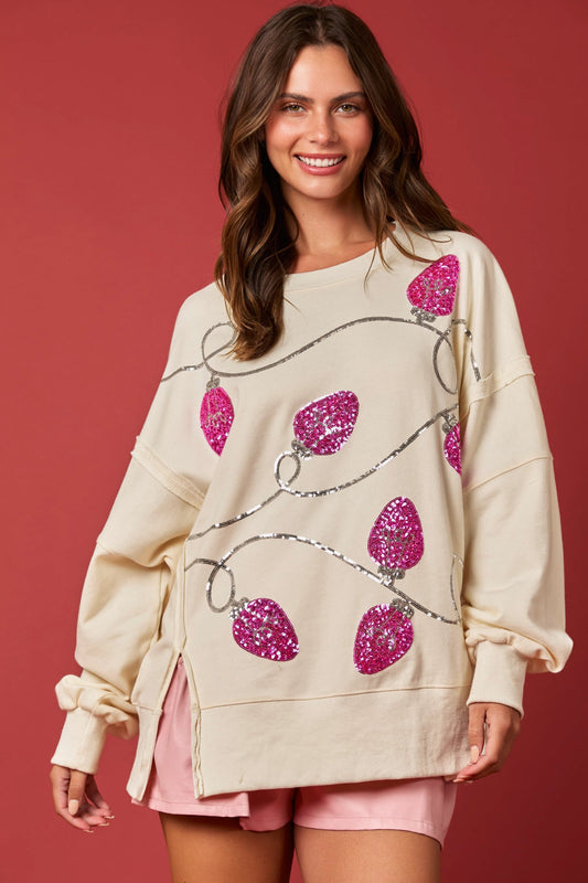 Christmas Top With Pink Sequin Lights (Cream)