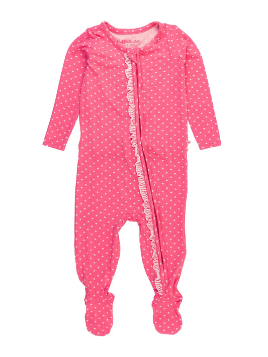 Softsnooze™ Baby Girls Bamboo Viscose Hot Pink Heart Polka Dot Footed Ruffle One Piece Pajama