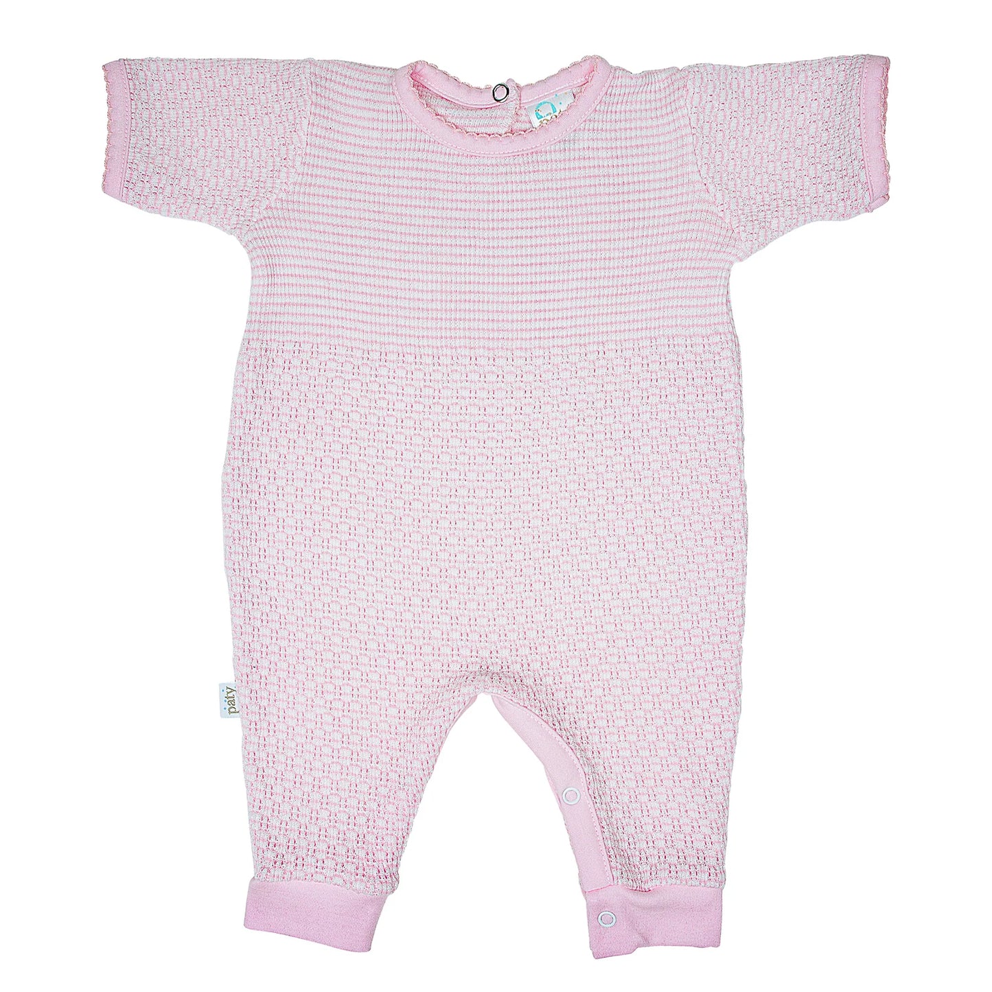Solid Color Short Sleeve Romper with Pima Trim (Pink with Pink Trim)