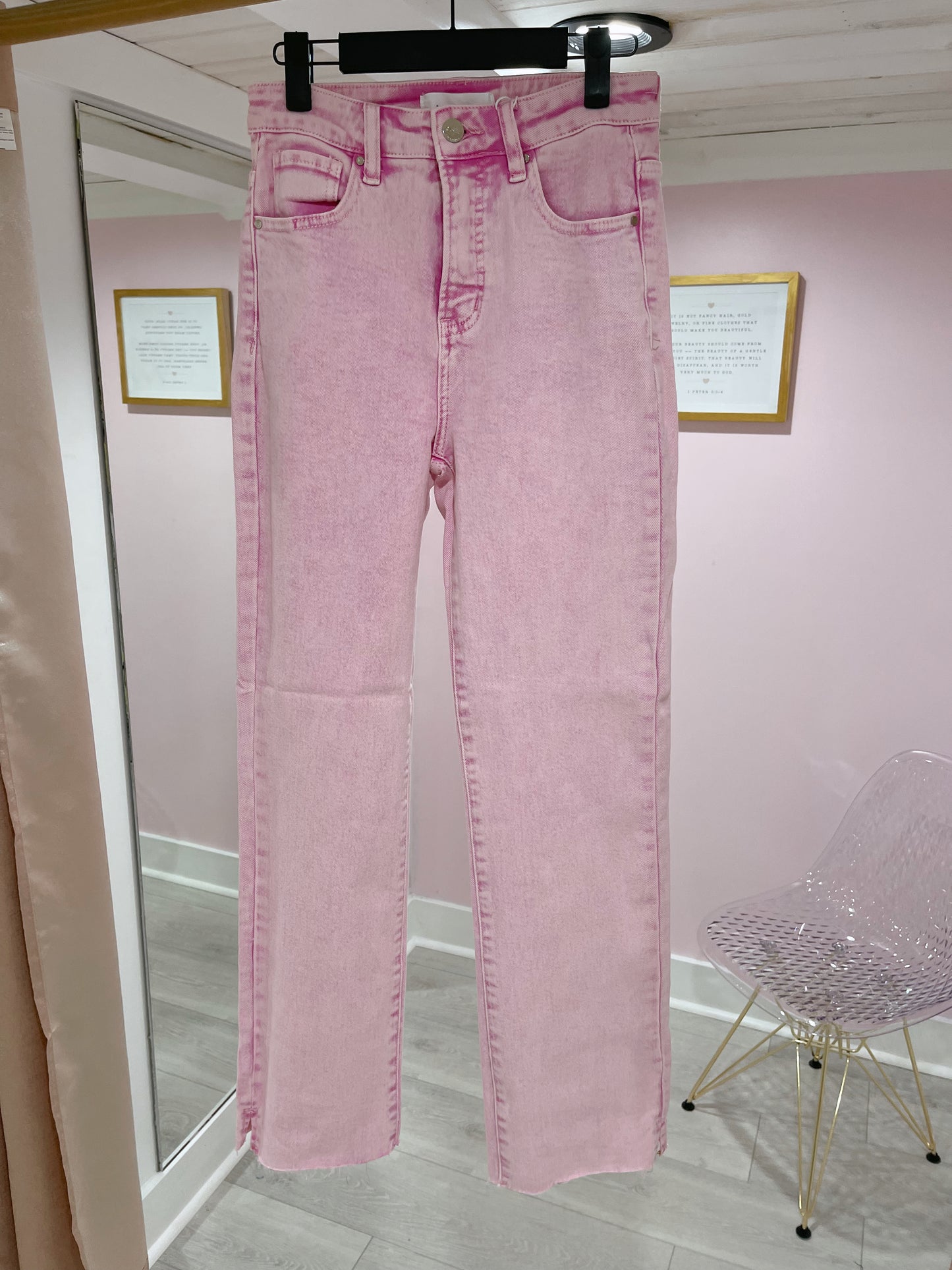 High Rise Raw Hem Straight Jeans with Side Slit (Acid Pink)