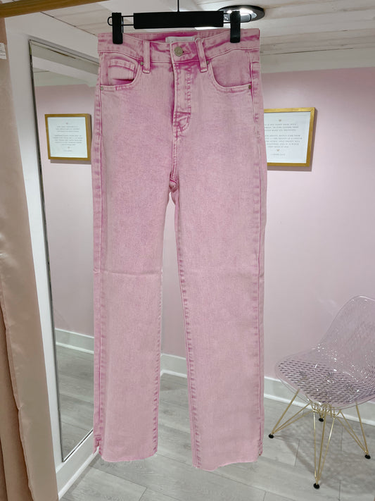 High Rise Raw Hem Straight Jeans with Side Slit (Acid Pink)