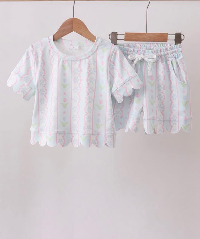 Blue Floral Scalloped Shorts Set