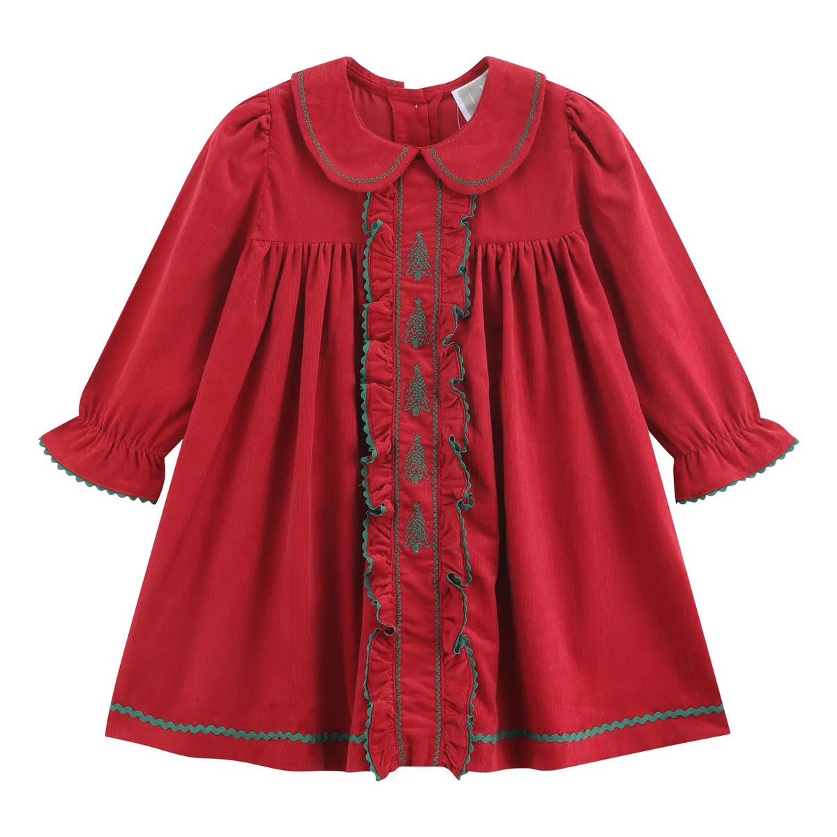 Red Corduroy Ruffle Dress with Christmas Trees