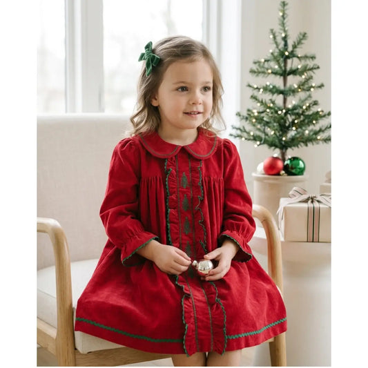 Red Corduroy Ruffle Dress with Christmas Trees