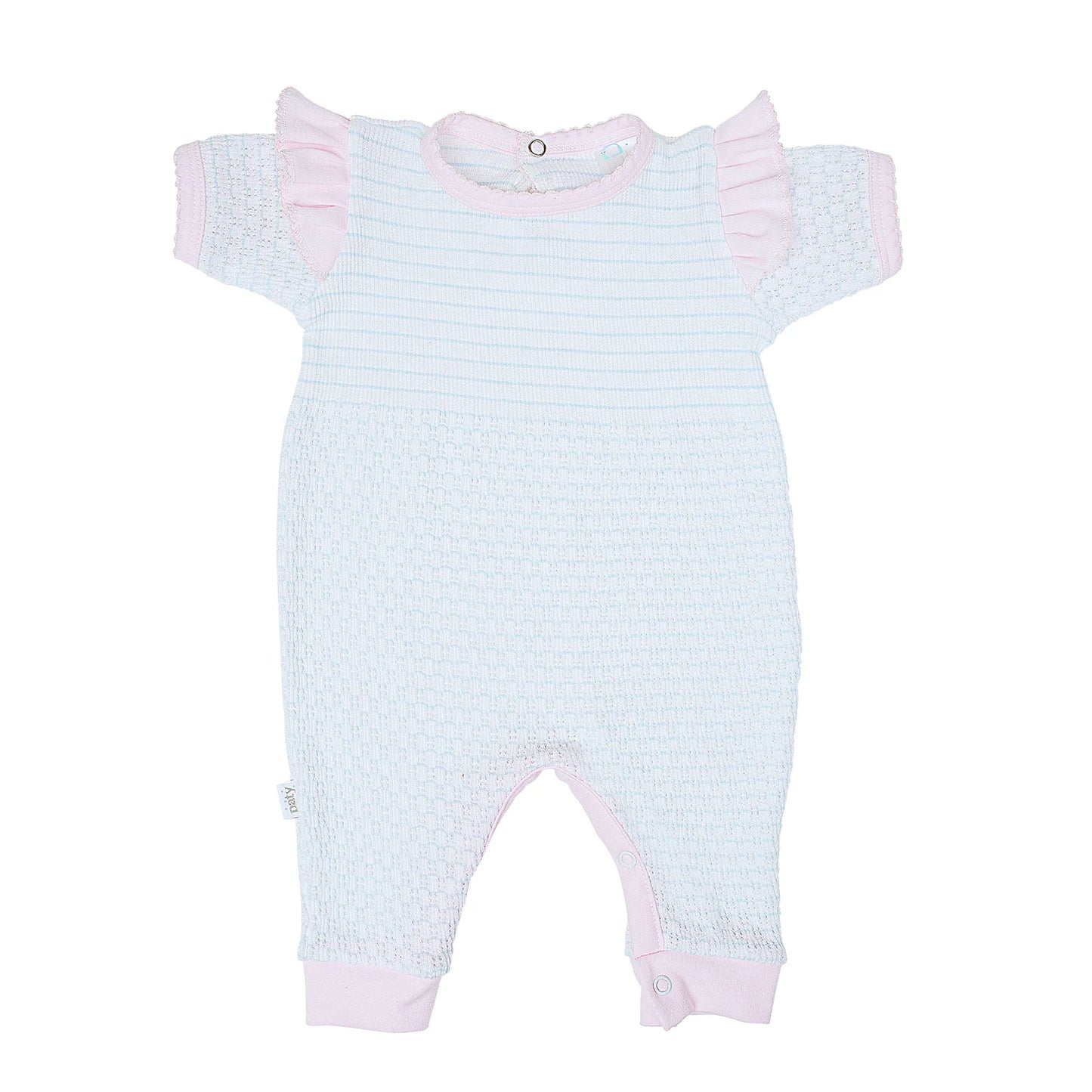 Short Sleeve Pinstripe Romper with Ruffle Shoulder Trim (Pink with Pink Trim)