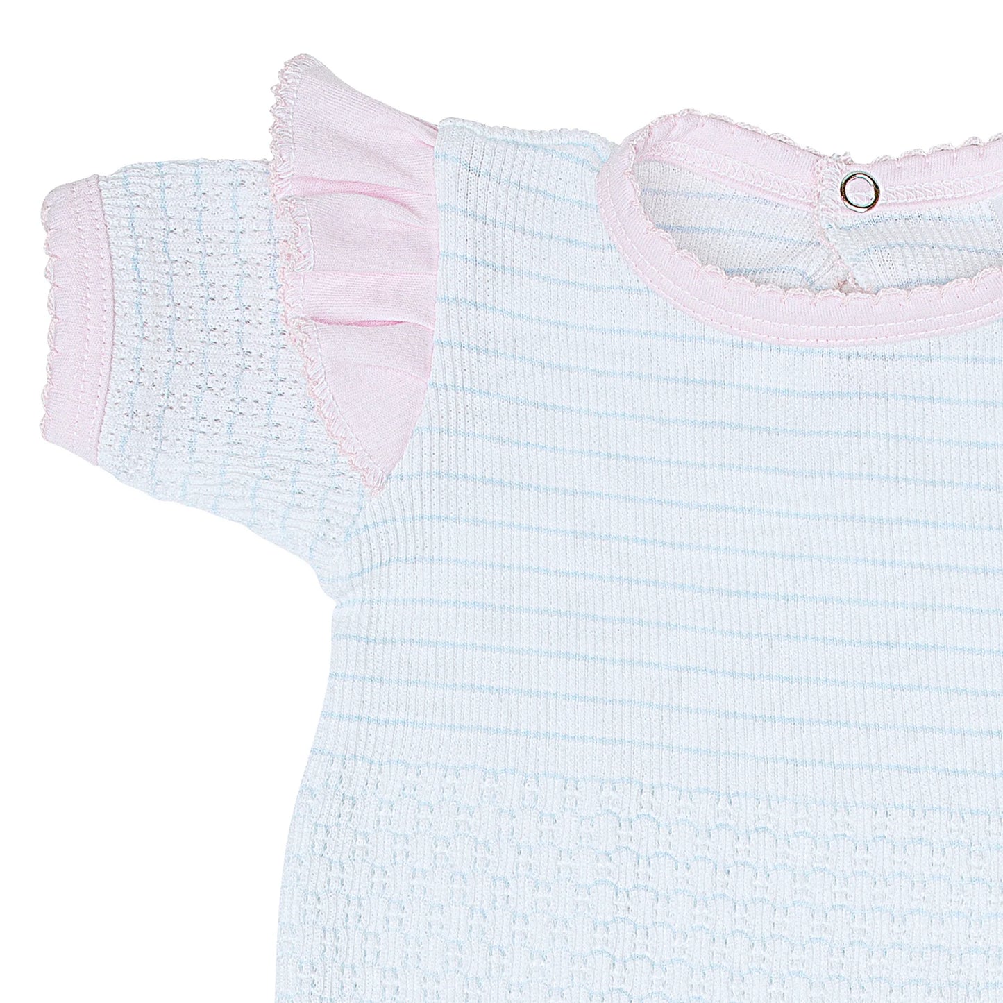 Short Sleeve Pinstripe Romper with Ruffle Shoulder Trim (Pink with Pink Trim)