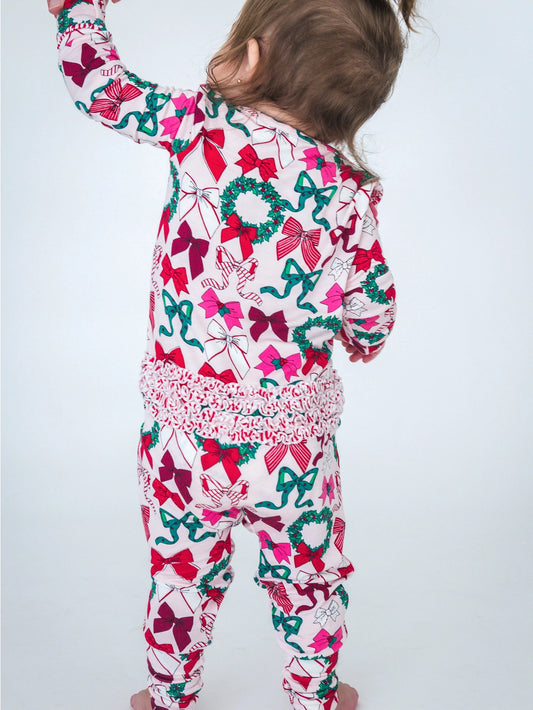 Softsnooze™ Baby Girls Bamboo Viscose Holly Bows Convertible Ruffle One Piece Footie Pajama