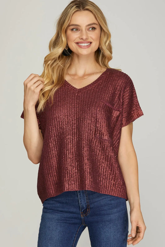 Picture Perfect Metallic Coated Sweater Top