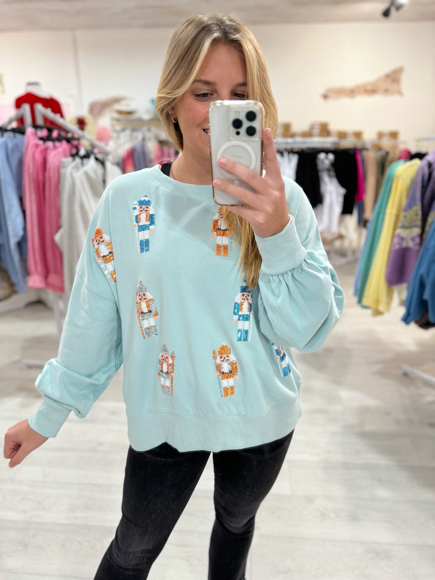 Sequin Nutcrackers Christmas Top (Baby Blue)